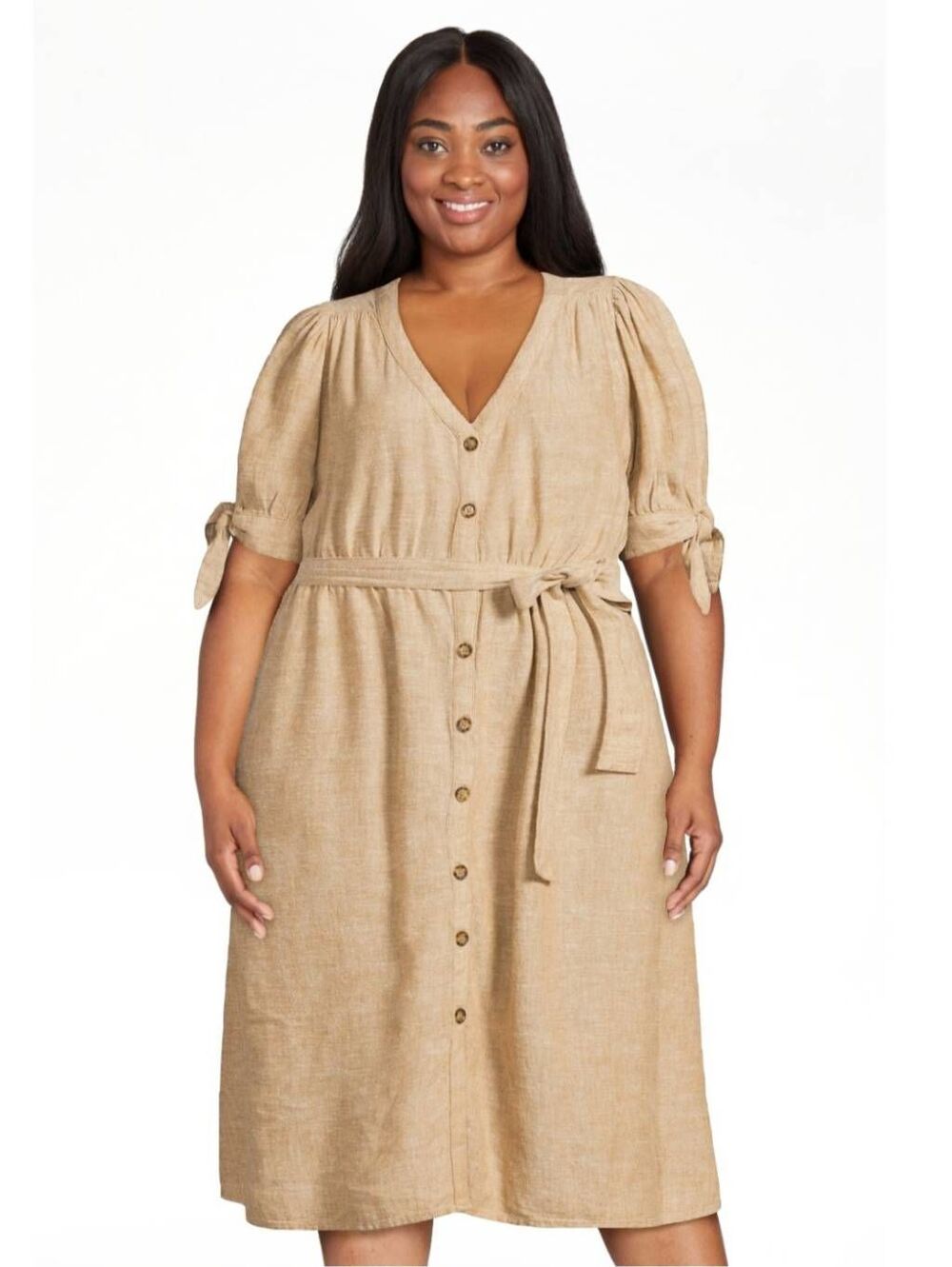 NWT Time and Tru Plus Size XXXL V-Neck Puff Sleeve Linen Blend Midi Dress